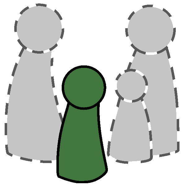 A group of four people standing together. One person is green with a black outline. The rest are pale gray with a dotted gray outline.